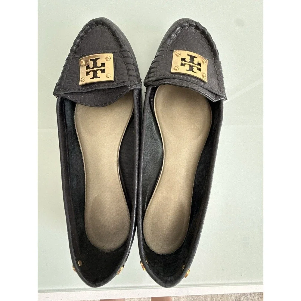 ✿ Tory Burch Black Leather Logo Ballet Flats Gold Plate Size 8M